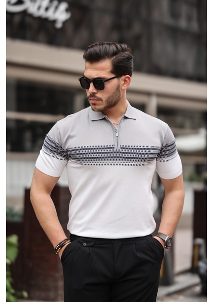Gri Beyaz Fermuarlı Triko Polo Yaka Tişört fiyatları