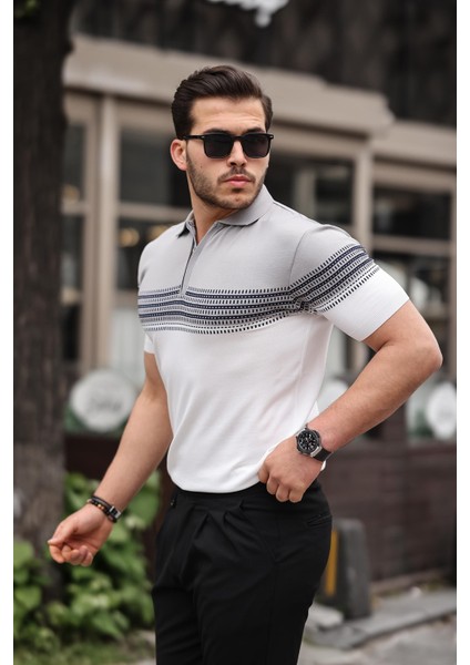 Gri Beyaz Fermuarlı Triko Polo Yaka Tişört modelleri