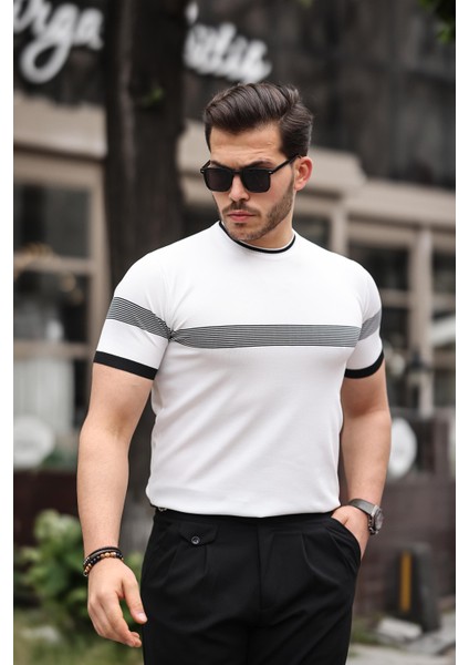 Beyaz Sıfır Yaka Çizgili Triko Tişört modelleri