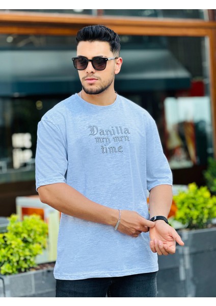 Gri Ön Arka Nakışlı Oversize Kısa Kollu Tişört