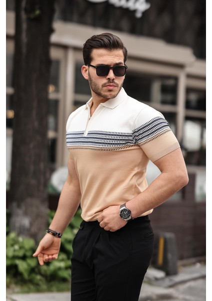 Ekru Kamel Fermuarlı Triko Polo Yaka Tişört