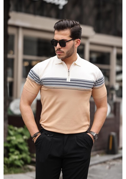 Ekru Kamel Fermuarlı Triko Polo Yaka Tişört fiyatları