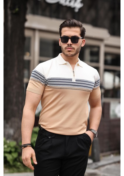 Ekru Kamel Fermuarlı Triko Polo Yaka Tişört modelleri