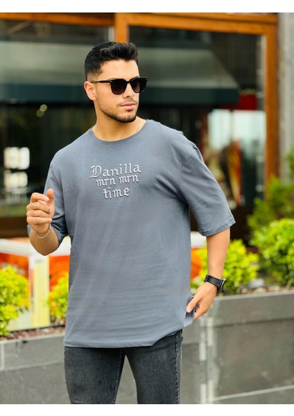 Füme Ön Arka Nakışlı Oversize Kısa Kollu Tişört