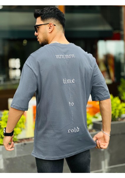 Füme Ön Arka Nakışlı Oversize Kısa Kollu Tişört fiyatları