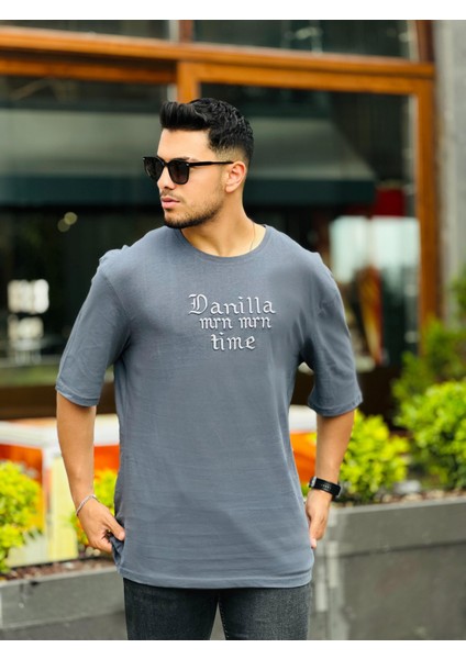 Füme Ön Arka Nakışlı Oversize Kısa Kollu Tişört modelleri