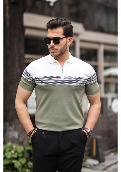 Haki Beyaz Fermuarlı Triko Polo Yaka Tişört
