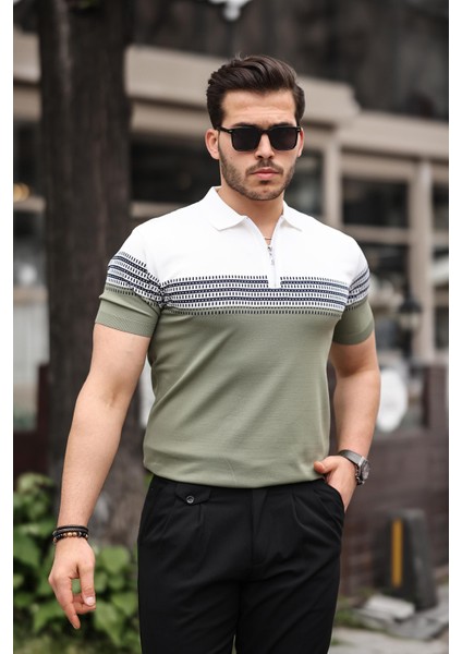 Haki Beyaz Fermuarlı Triko Polo Yaka Tişört fiyatları