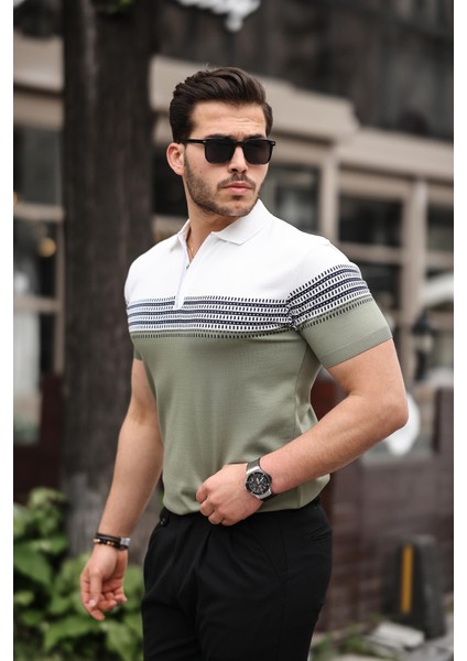 Haki Beyaz Fermuarlı Triko Polo Yaka Tişört modelleri