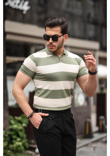 Haki Bej Triko Blok Parçalı Polo Yaka Tişört
