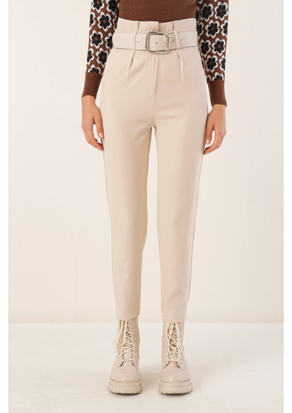 6556 Kemerli Kumaş Pantolon - Krem fiyatları