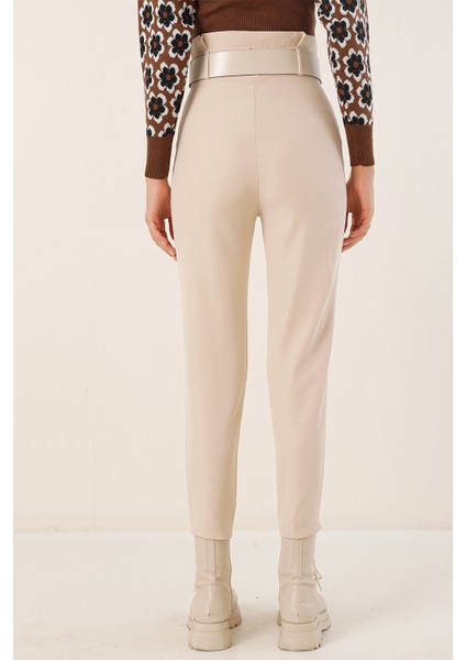 6556 Kemerli Kumaş Pantolon - Krem indirimleri