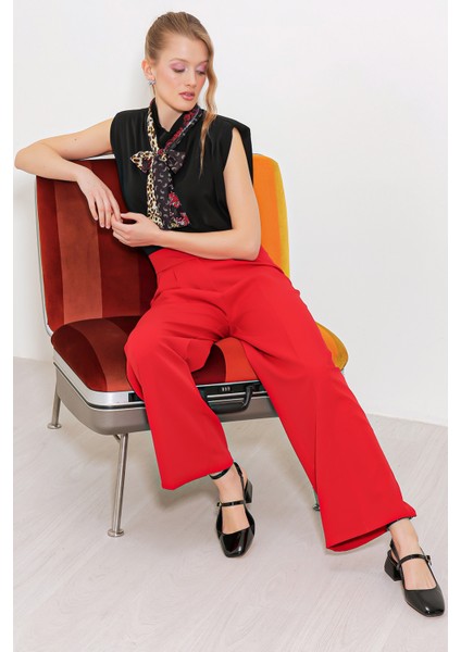 Kadın Kırmızı Yüksek Bel Palazzo Pantolon 6646