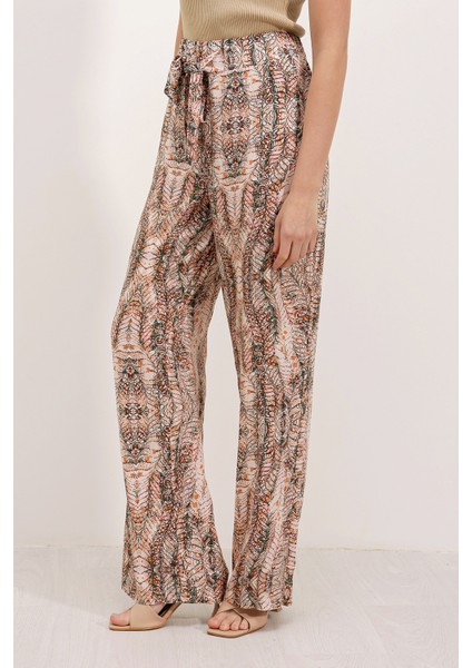 6523 Desenli Bol Paça Pantolon - Krem