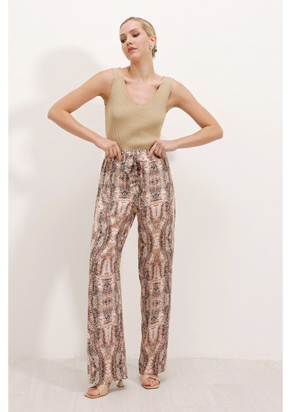 6523 Desenli Bol Paça Pantolon - Krem