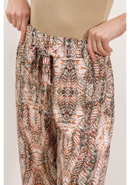 6523 Desenli Bol Paça Pantolon - Krem
