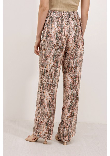 6523 Desenli Bol Paça Pantolon - Krem