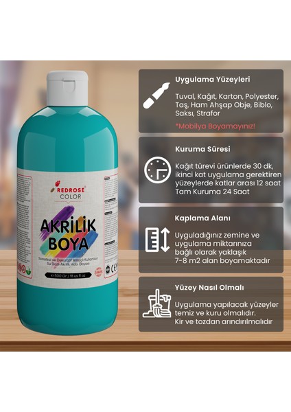 Turkuaz Akrilik Boya 500 gr Sanatsal, Dekoratif, Hobi Amaçlı, Canlı Renkler