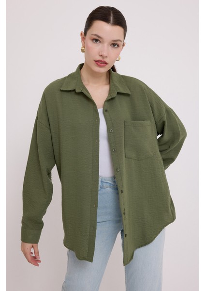 20153 Tek Cepli Oversize Keten Gömlek - Haki fiyatları