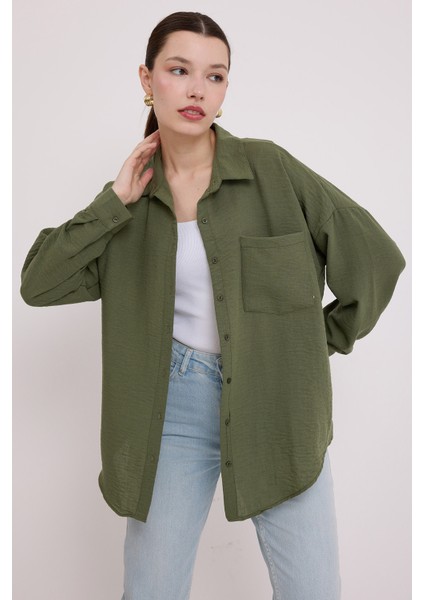 20153 Tek Cepli Oversize Keten Gömlek - Haki modelleri
