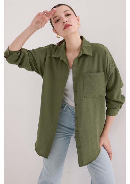 20153 Tek Cepli Oversize Keten Gömlek - Haki fırsatları