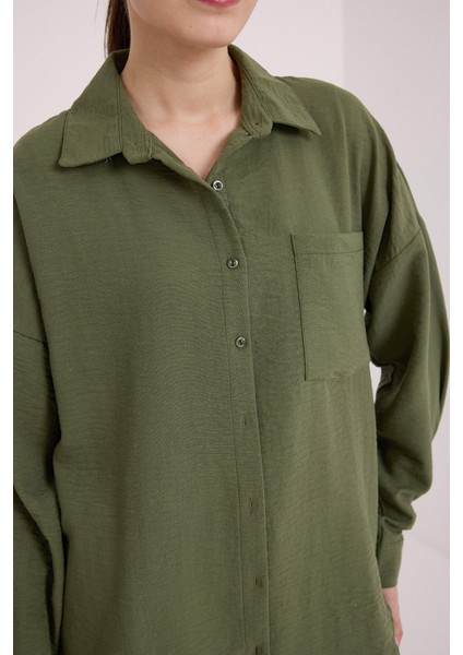20153 Tek Cepli Oversize Keten Gömlek - Haki indirimleri