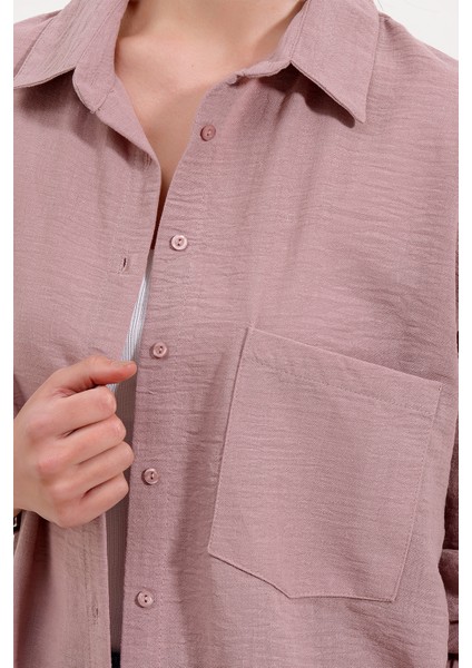 20153 Tek Cepli Oversize Keten Gömlek - Gül Kurusu modelleri