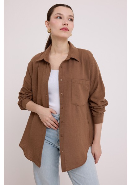 20153 Tek Cepli Oversize Keten Gömlek - Sütlü Kahve
