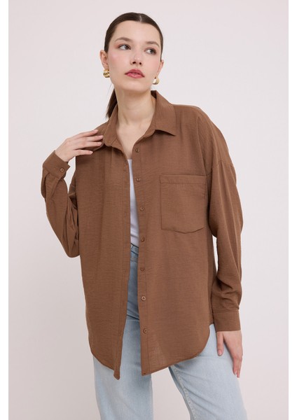 20153 Tek Cepli Oversize Keten Gömlek - Sütlü Kahve modelleri