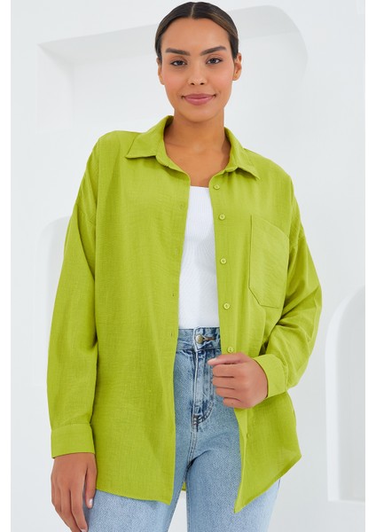 20153 Tek Cepli Oversize Keten Gömlek - Yağ Yeşil fiyatları