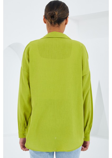 20153 Tek Cepli Oversize Keten Gömlek - Yağ Yeşil indirimleri