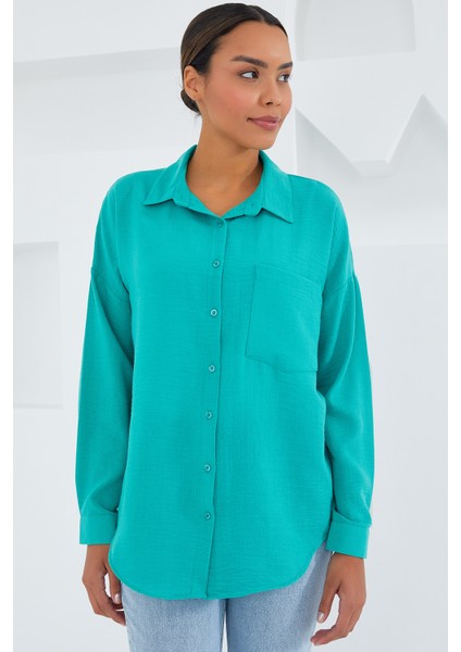 20153 Tek Cepli Oversize Keten Gömlek - Turkuaz fiyatları