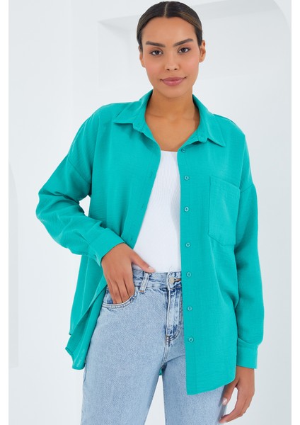 20153 Tek Cepli Oversize Keten Gömlek - Turkuaz modelleri