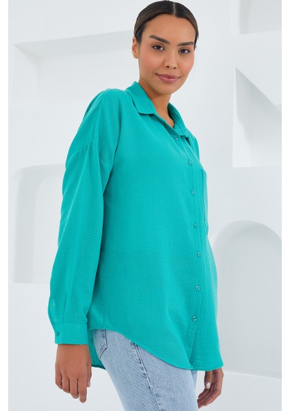 20153 Tek Cepli Oversize Keten Gömlek - Turkuaz fırsatları