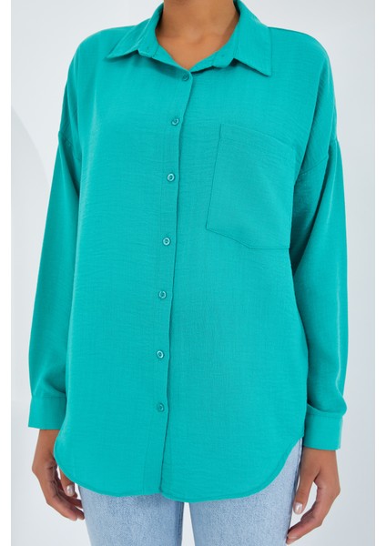 20153 Tek Cepli Oversize Keten Gömlek - Turkuaz indirimleri
