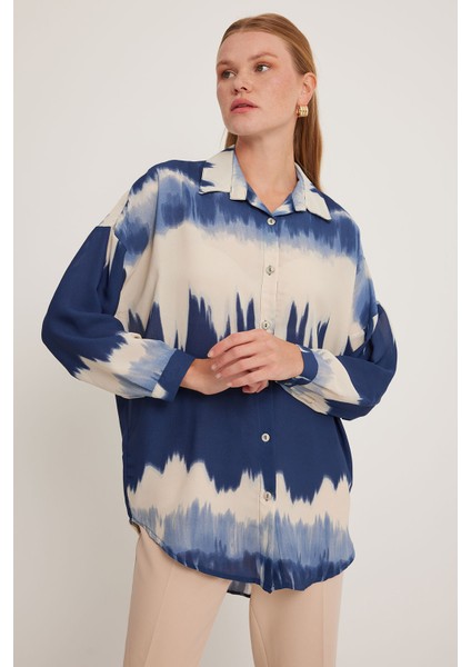 Kadın Lacivert Krem Desenli Oversize Gömlek 5923 fiyatları