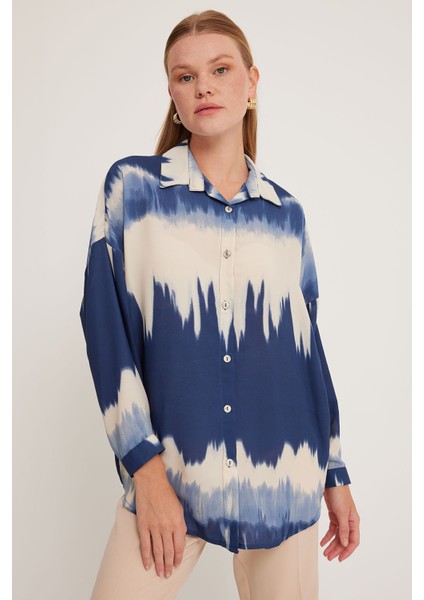 Kadın Lacivert Krem Desenli Oversize Gömlek 5923 modelleri