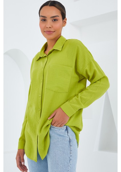 20153 Tek Cepli Oversize Keten Gömlek - Yağ Yeşil