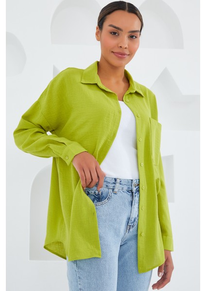 20153 Tek Cepli Oversize Keten Gömlek - Yağ Yeşil modelleri