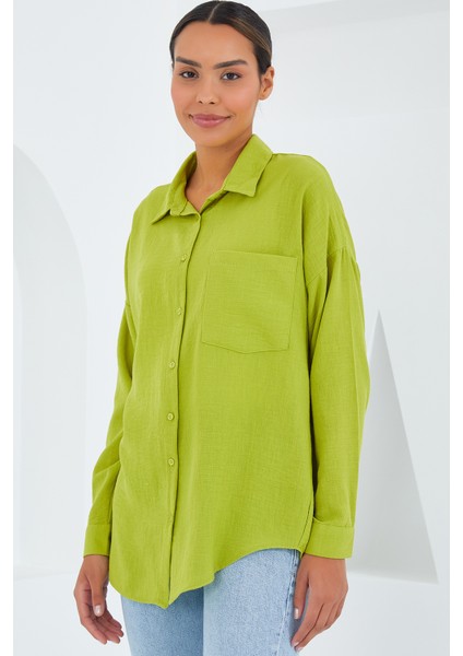 20153 Tek Cepli Oversize Keten Gömlek - Yağ Yeşil fırsatları