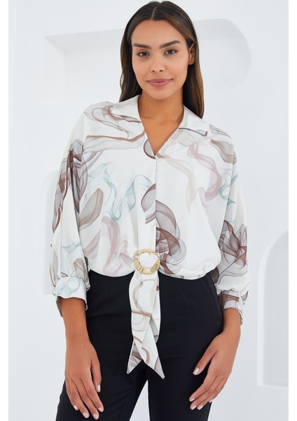 Kadın Oversize Dökümlü Crop Saten Gömlek 906 - Kahverengi