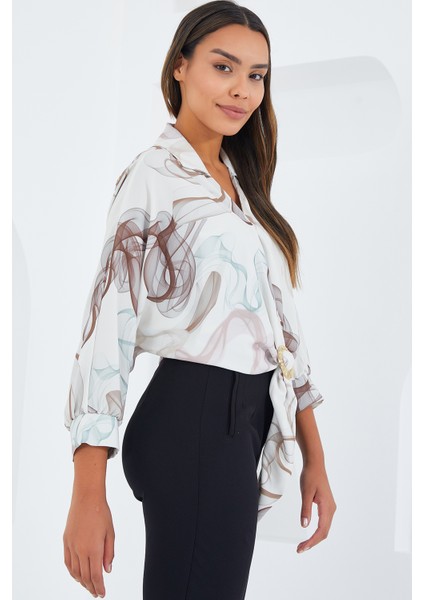 Kadın Oversize Dökümlü Crop Saten Gömlek 906 - Kahverengi