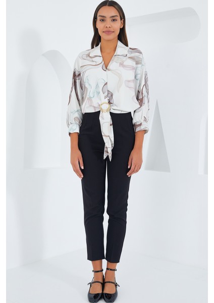 Kadın Oversize Dökümlü Crop Saten Gömlek 906 - Kahverengi