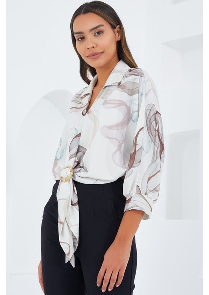 Kadın Oversize Dökümlü Crop Saten Gömlek 906 - Kahverengi