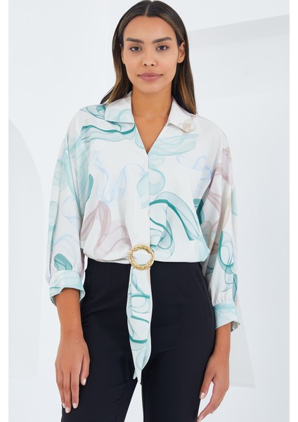 Kadın Oversize Dökümlü Crop Saten Gömlek 906 - Mint