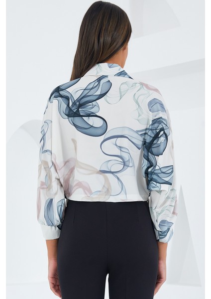 Kadın Oversize Dökümlü Crop Saten Gömlek 906 - Indigo