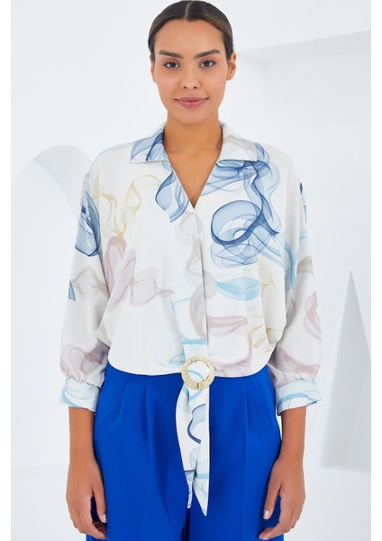 Kadın Oversize Dökümlü Crop Saten Gömlek 906 - Mavi