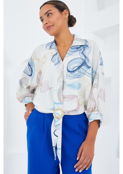 Kadın Oversize Dökümlü Crop Saten Gömlek 906 - Mavi