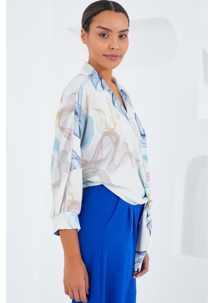 Kadın Oversize Dökümlü Crop Saten Gömlek 906 - Mavi