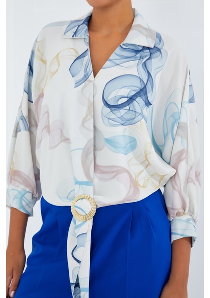 Kadın Oversize Dökümlü Crop Saten Gömlek 906 - Mavi